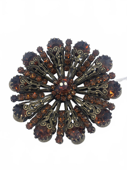 Unsigned Vendome Goldtone Copper Rhinestone Radial/Sunburst Filigree Brooch