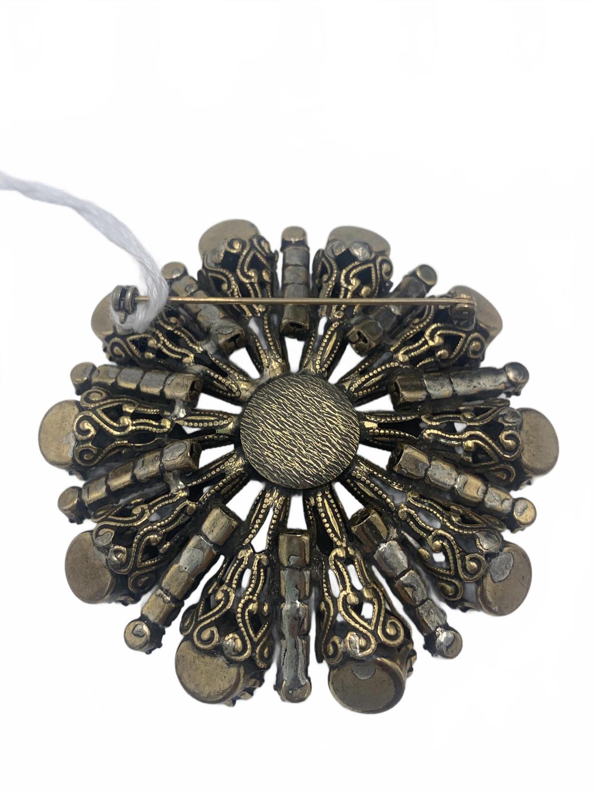 Unsigned Vendome Goldtone Copper Rhinestone Radial/Sunburst Filigree Brooch