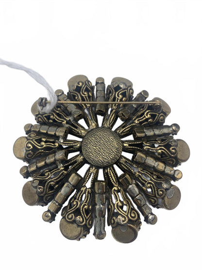 Unsigned Vendome Goldtone Copper Rhinestone Radial/Sunburst Filigree Brooch