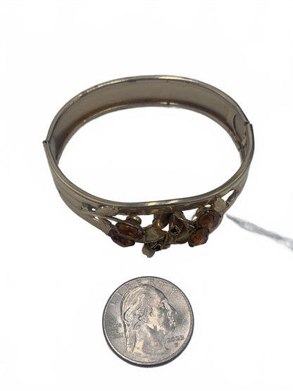 Unsigned Silvertone 20g Yellow Rhinestone Floral 7" Clamper Bangle CJ Bracelet