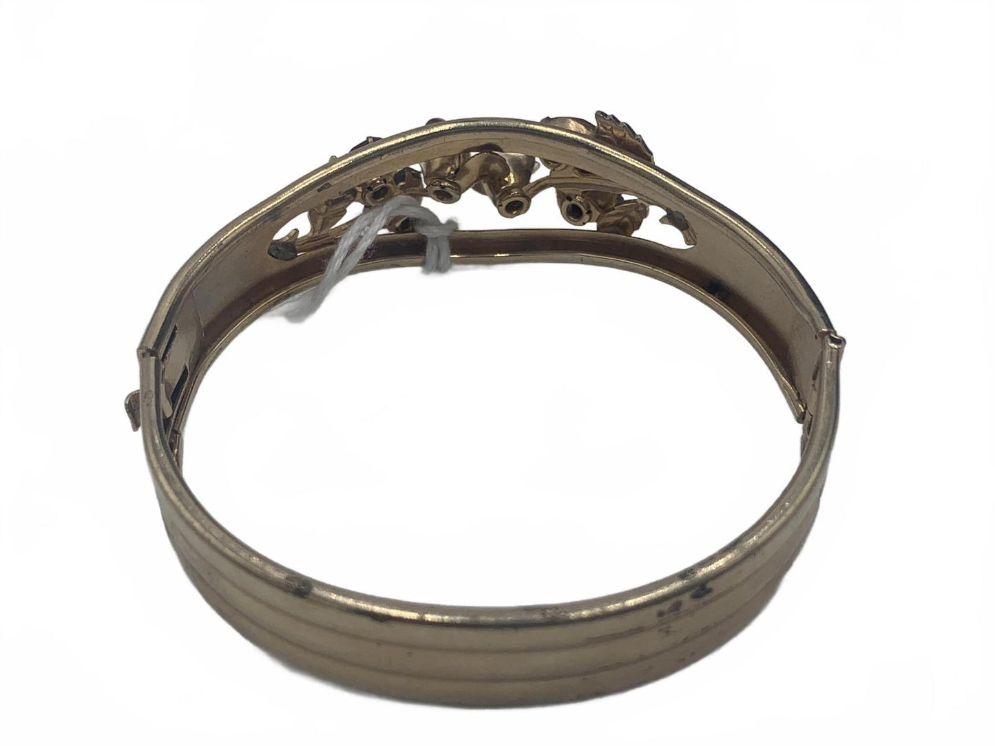 Unsigned Silvertone 20g Yellow Rhinestone Floral 7" Clamper Bangle CJ Bracelet