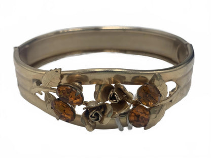 Unsigned Silvertone 20g Yellow Rhinestone Floral 7" Clamper Bangle CJ Bracelet