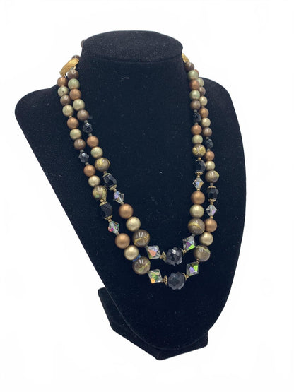 Unsigned Goldtone 40g Colored Glass & Faux Pearl Beaded 16" Two-Strand Necklace