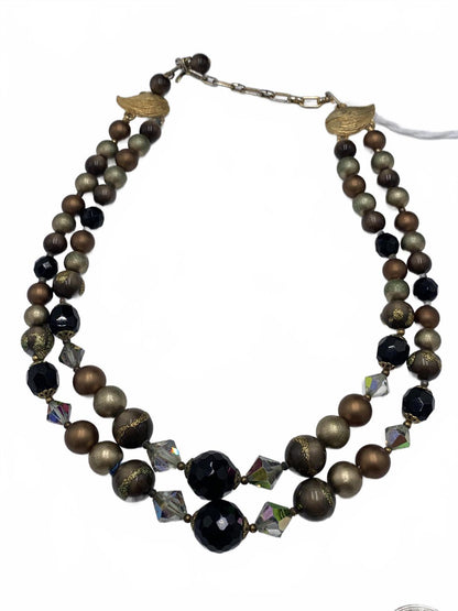 Unsigned Goldtone 40g Colored Glass & Faux Pearl Beaded 16" Two-Strand Necklace