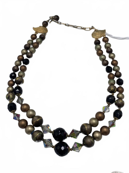 Unsigned Goldtone 40g Colored Glass & Faux Pearl Beaded 16" Two-Strand Necklace