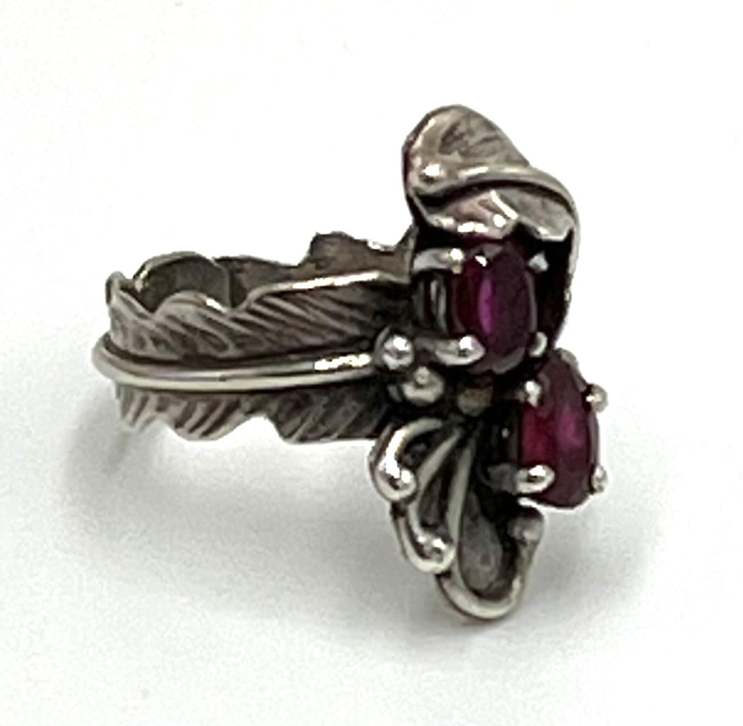 Rubies Set in Sterling Silver Native Floral & Feather Ring
