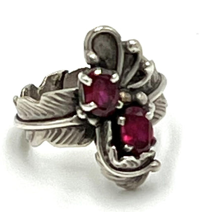 Rubies Set in Sterling Silver Native Floral & Feather Ring