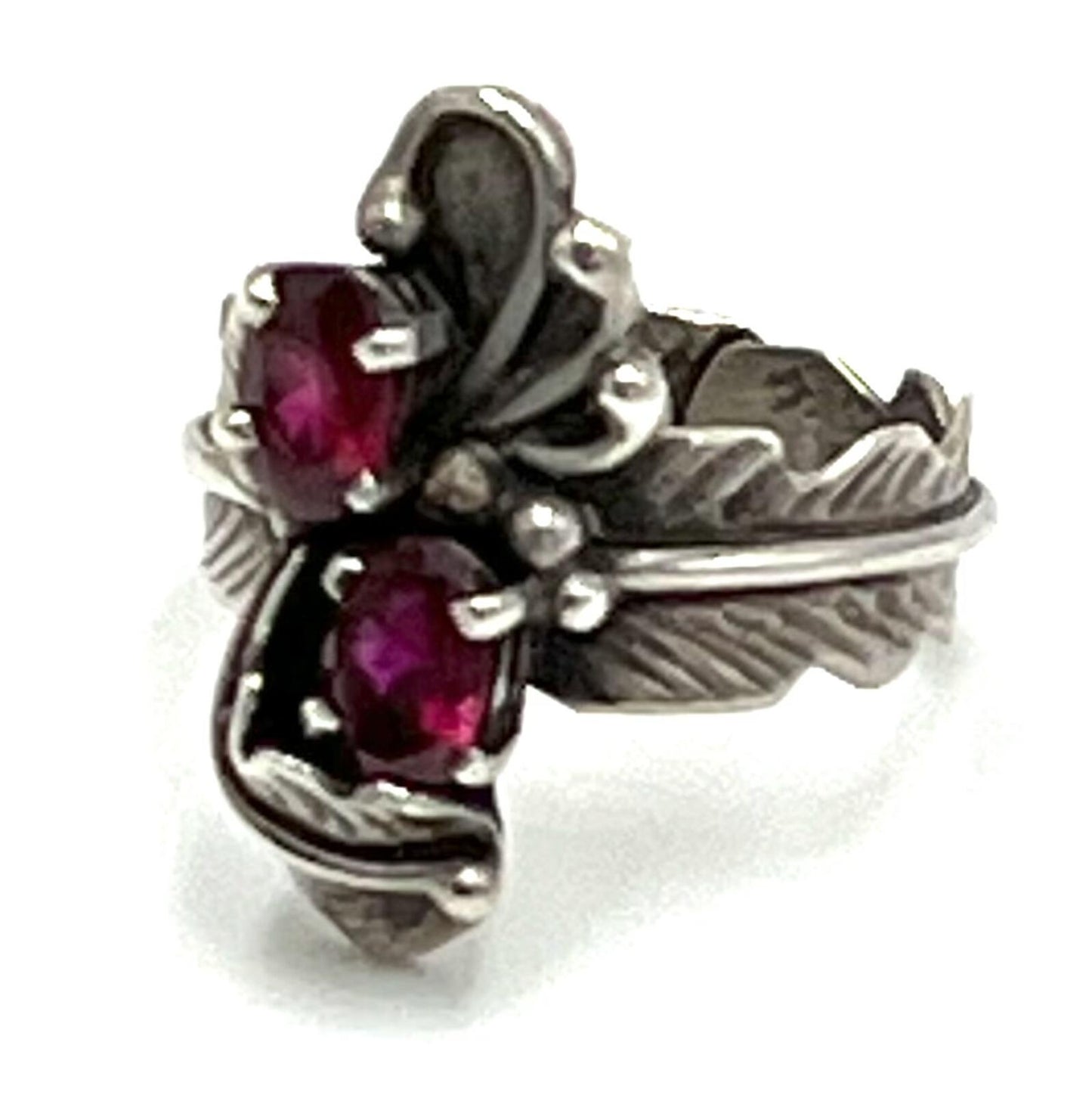 Rubies Set in Sterling Silver Native Floral & Feather Ring
