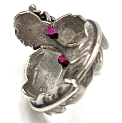 Rubies Set in Sterling Silver Native Floral & Feather Ring