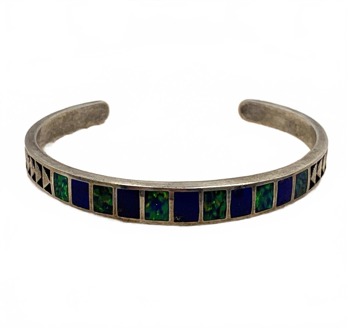 TEME New Mexico Navajo Vintage Inlaid Opal Lapis Open Cuff Bracelet 6.25"