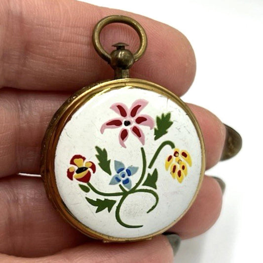 ANTIQUE LOCKET PENDANT 2 Picture Gold tone ROUND Enamel Flowers Mourners Hair