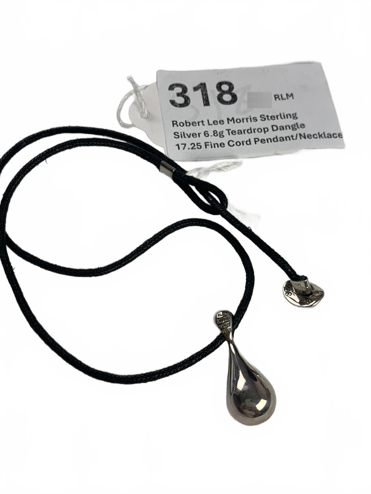 RLM Robert Lee Morris Sterling Silver Teardrop Dangle Cord Pendant/Necklace