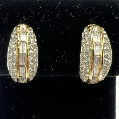 Christian Dior Baguette & Pave Rhinestone Half Hoop Gold Tone Clip On Earrings