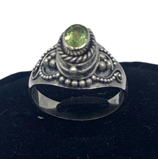 Vintage Aer Deco Style Peridot Poison Pill Box Hinged Sterling Silver Ring 6.75