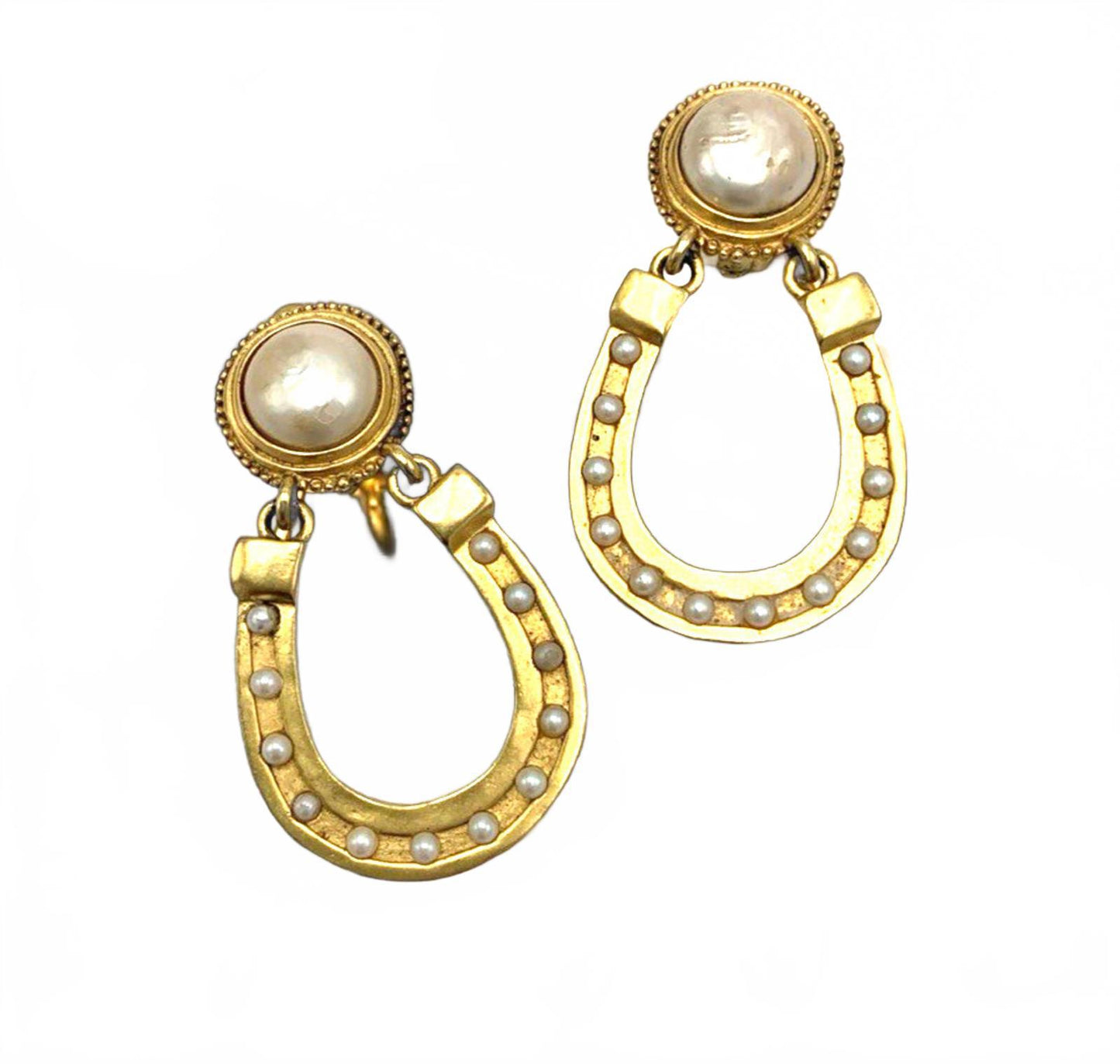 Vintage Karl Lagerfeld Gold Tone Faux Pearl Horseshoe Door Knockers Earrings