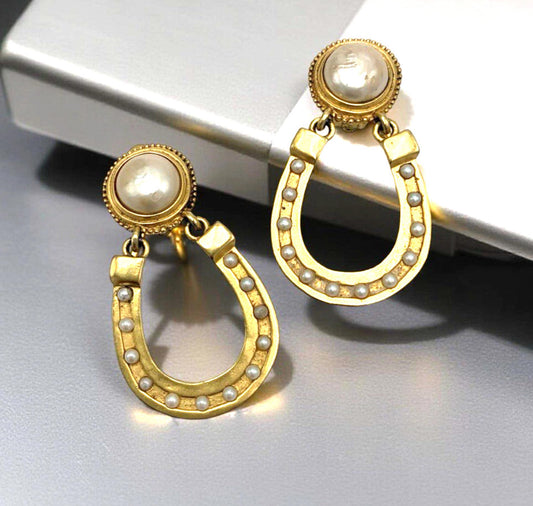 Vintage Karl Lagerfeld Gold Tone Faux Pearl Horseshoe Door Knockers Earrings