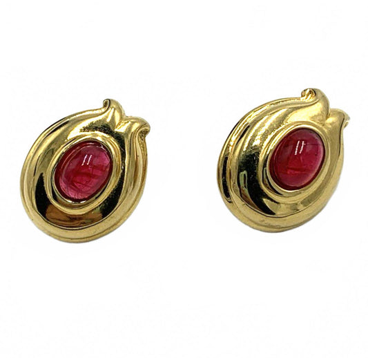 Vintage Fendi Gold Plate Red Gripoix "Artichoke" Glass Cabuchon Pierced Earrings