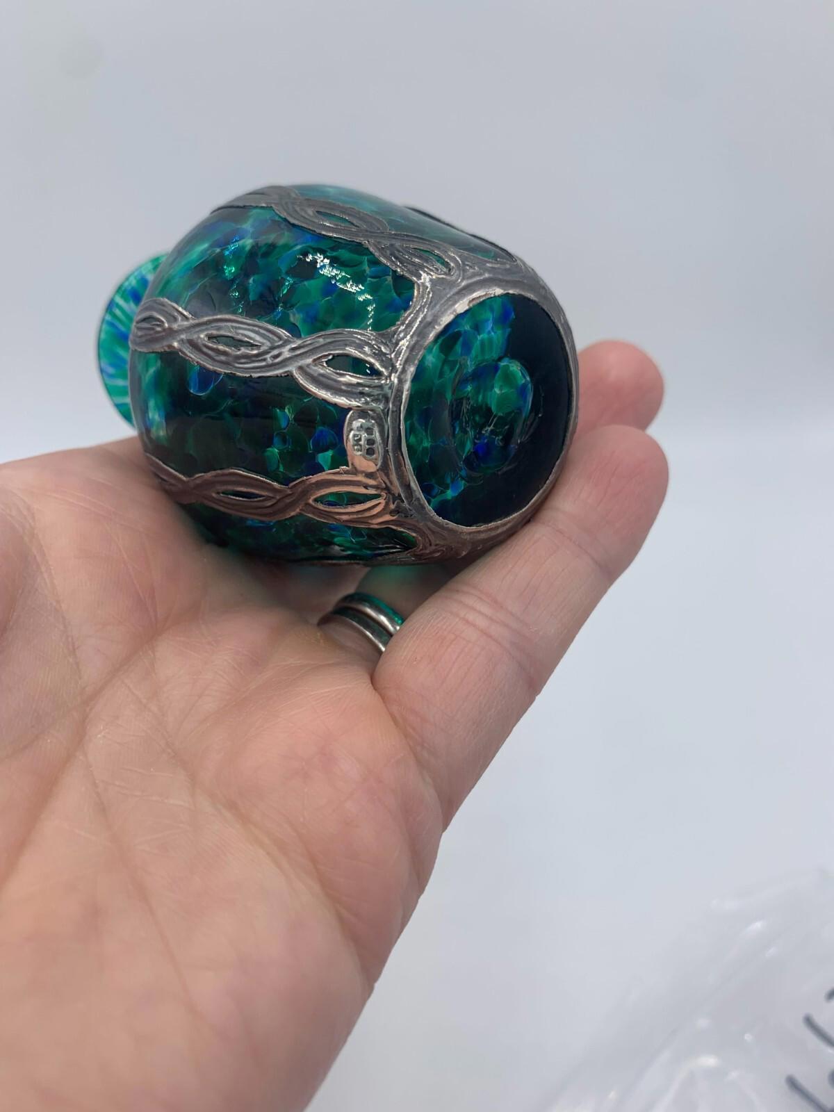 Sileda Wales Silver Overlaid Decorative Art Glass Emerald Green Perfume Bottle