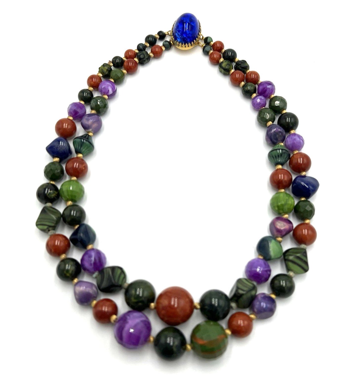 Set Hattie Carnegie Necklace Earrings Vintage Two Strand Faux Malachite Amethyst