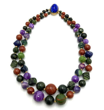 Set Hattie Carnegie Necklace Earrings Vintage Two Strand Faux Malachite Amethyst