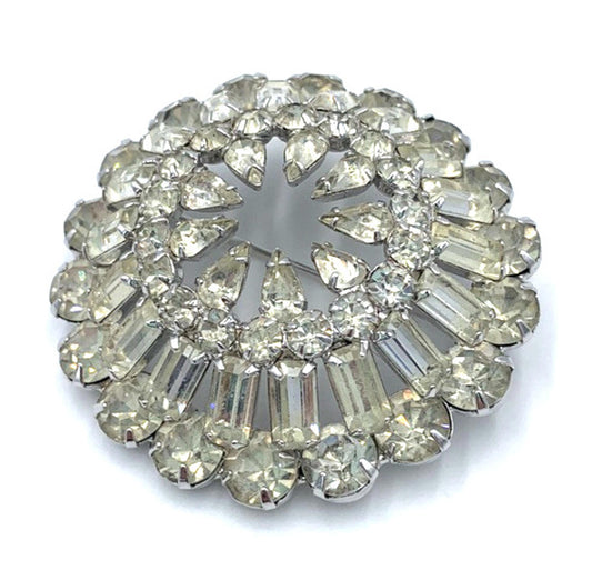 Vintage Large Round Champagne Rhinestone Statement Brooch/Pin Rhodium Plated