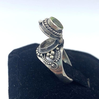 Vintage Aer Deco Style Peridot Poison Pill Box Hinged Sterling Silver Ring 6.75