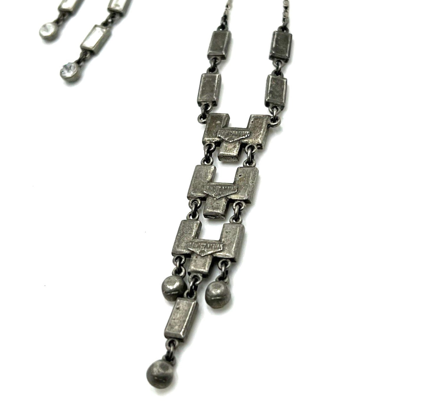 Ben Amun Set Art Deco Style Dangle Earrings & Necklace Rhinestone Silver Tone