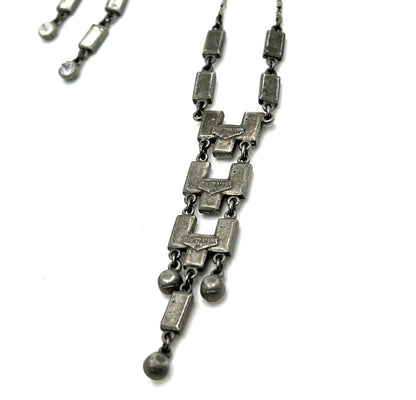 Ben Amun Set Art Deco Style Dangle Earrings & Necklace Rhinestone Silver Tone