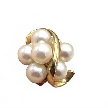 MCM Vintage Solid 14Kt Yellow Gold Genuine Akoya Pearl Large Cluster Ring Sz 5