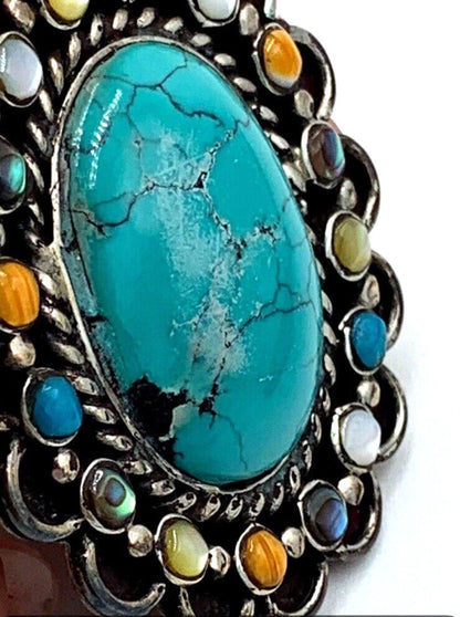 Vintage David R Freeland DRF Large Turquoise Pendant Multi stone Signed Rare