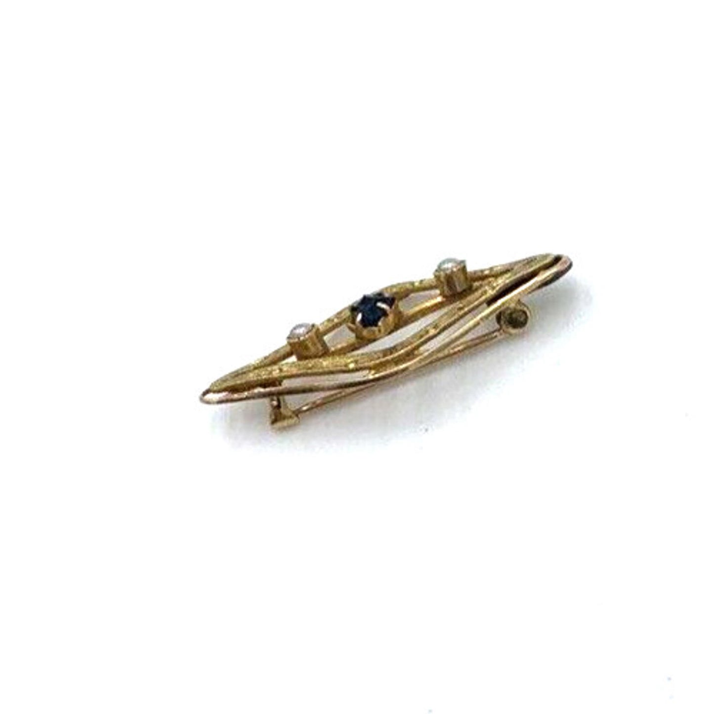 Victorian 10K Gold Seed Pearl Blue Stone Etched Bar Brooch
