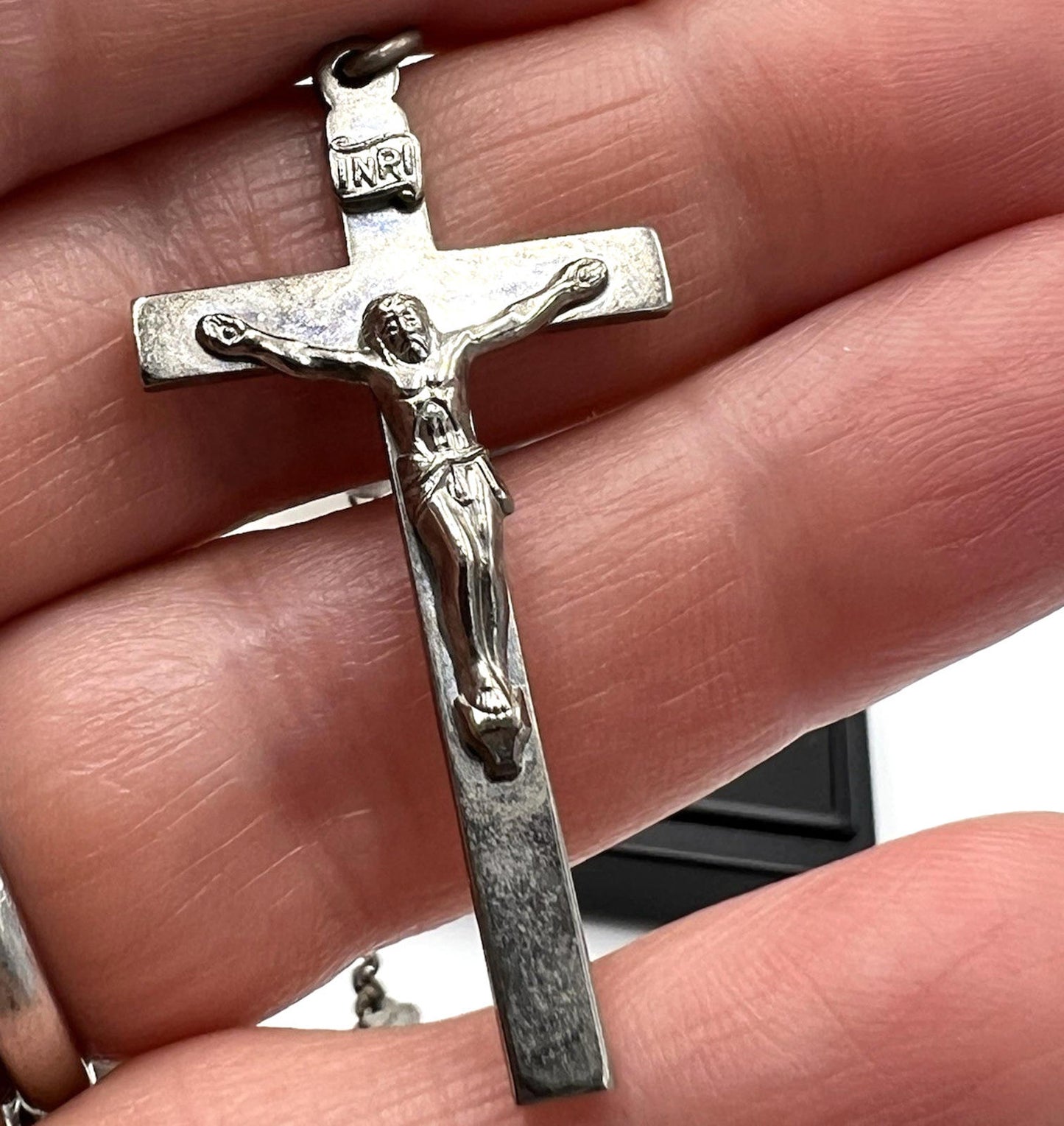 VINTAGE DIROMA Ball Bead Sterling Silver Rosary Crucifix Mary Medal Necklace