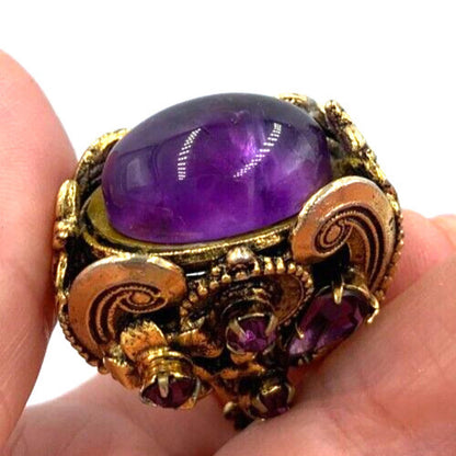 Vintage Victorian Revival Genuine Large Amethyst Cabochon Gold Tone Necklace 25"