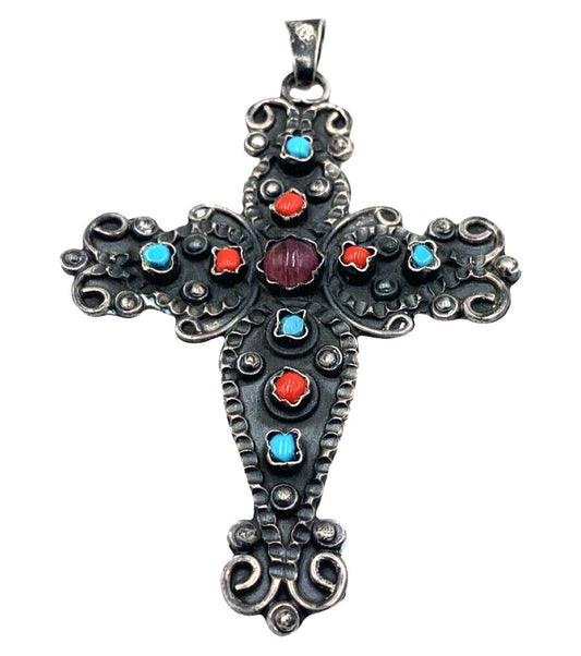 Vintage TAXCO Mexico Pendant Sterling Silver Cross Southwestern Coral Turquoise
