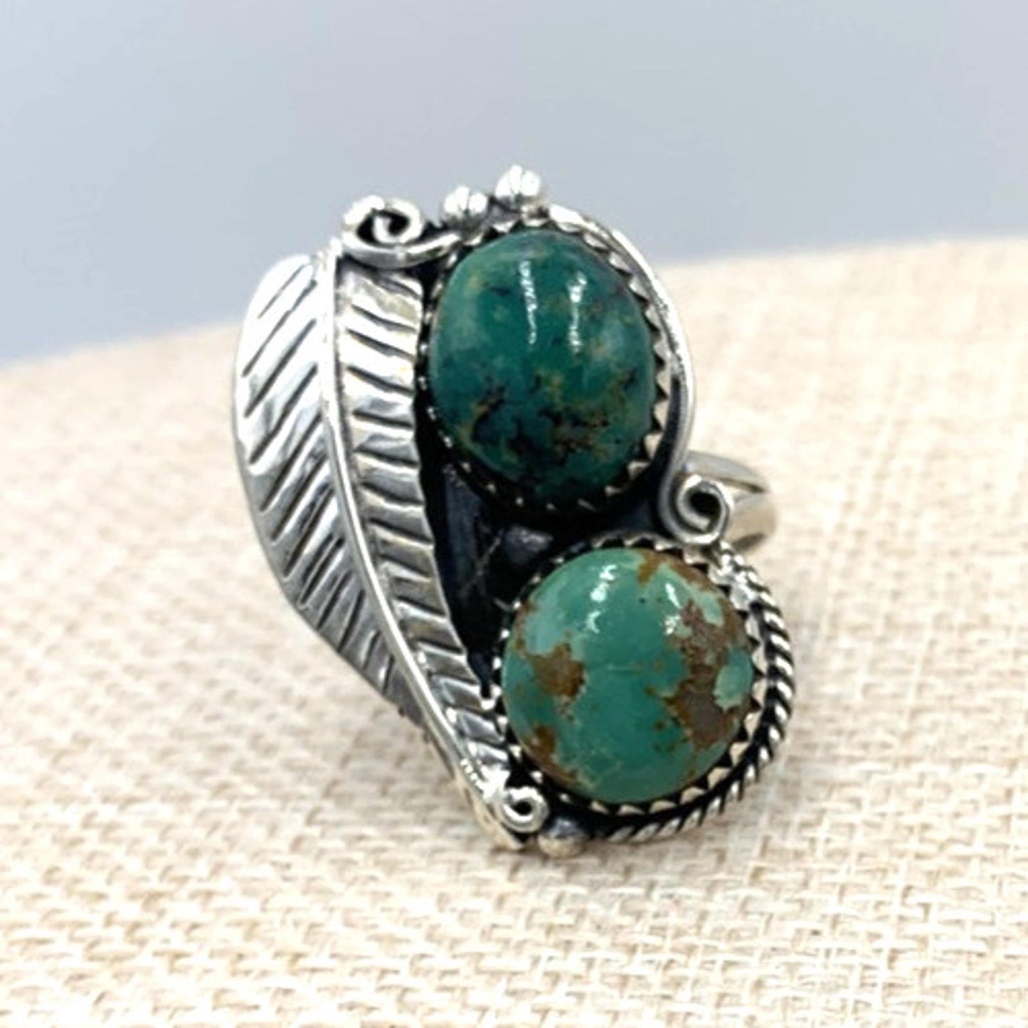 New Old Stock Native American Navajo Sterling Silver Double Green Turquoise Ring