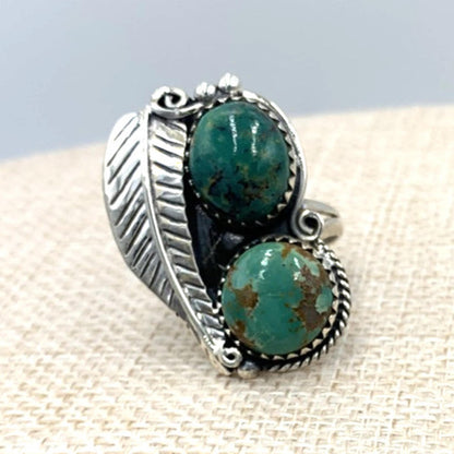New Old Stock Native American Navajo Sterling Silver Double Green Turquoise Ring