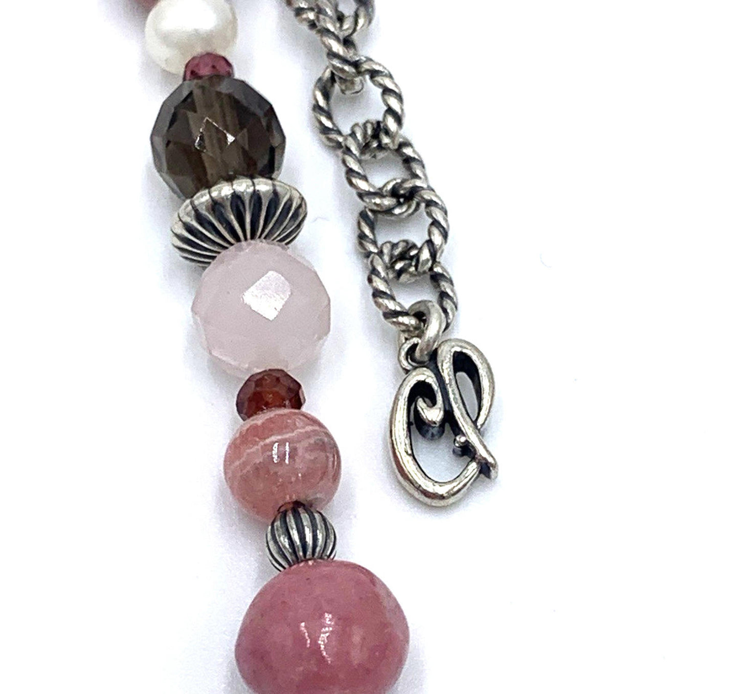 Carolyn Pollack Vintage Smoky Quartz Pink Rhodonite Sterling Bead Necklace