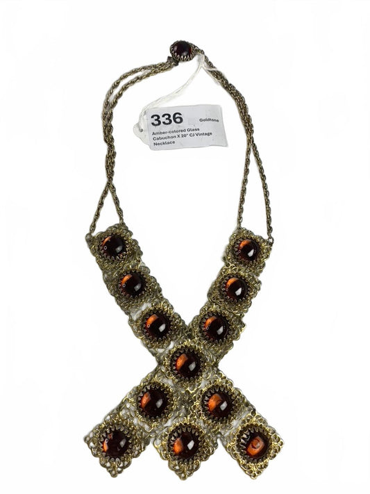Goldtone Amber-colored Glass Cabuchon X Vintage Necklace