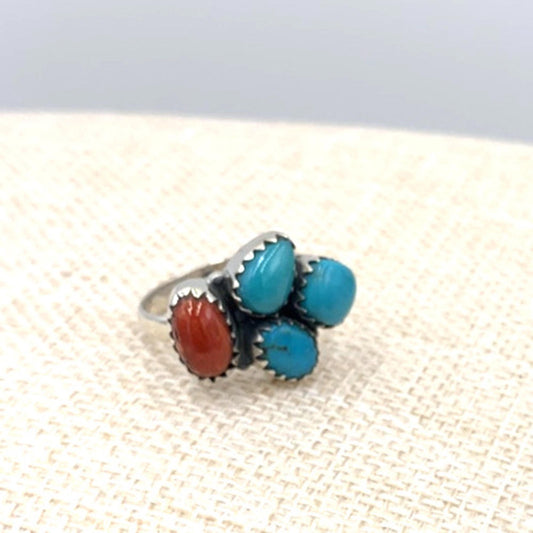 New Old Stock Vintage Native American Sterling Silver Coral Turquoise Ring 9.25