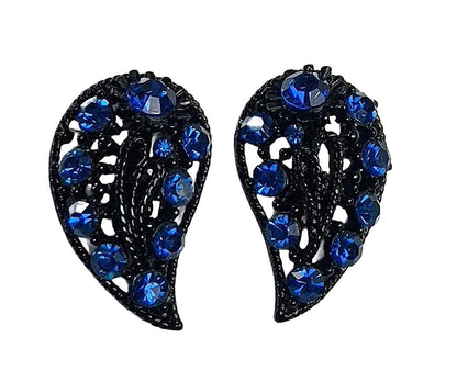 Unsigned Japanned Blue Rhinestone Abstract Leaf Clip-On Brooch
