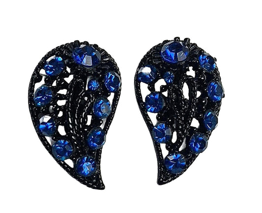 Unsigned Japanned Blue Rhinestone Abstract Leaf Clip-On Brooch
