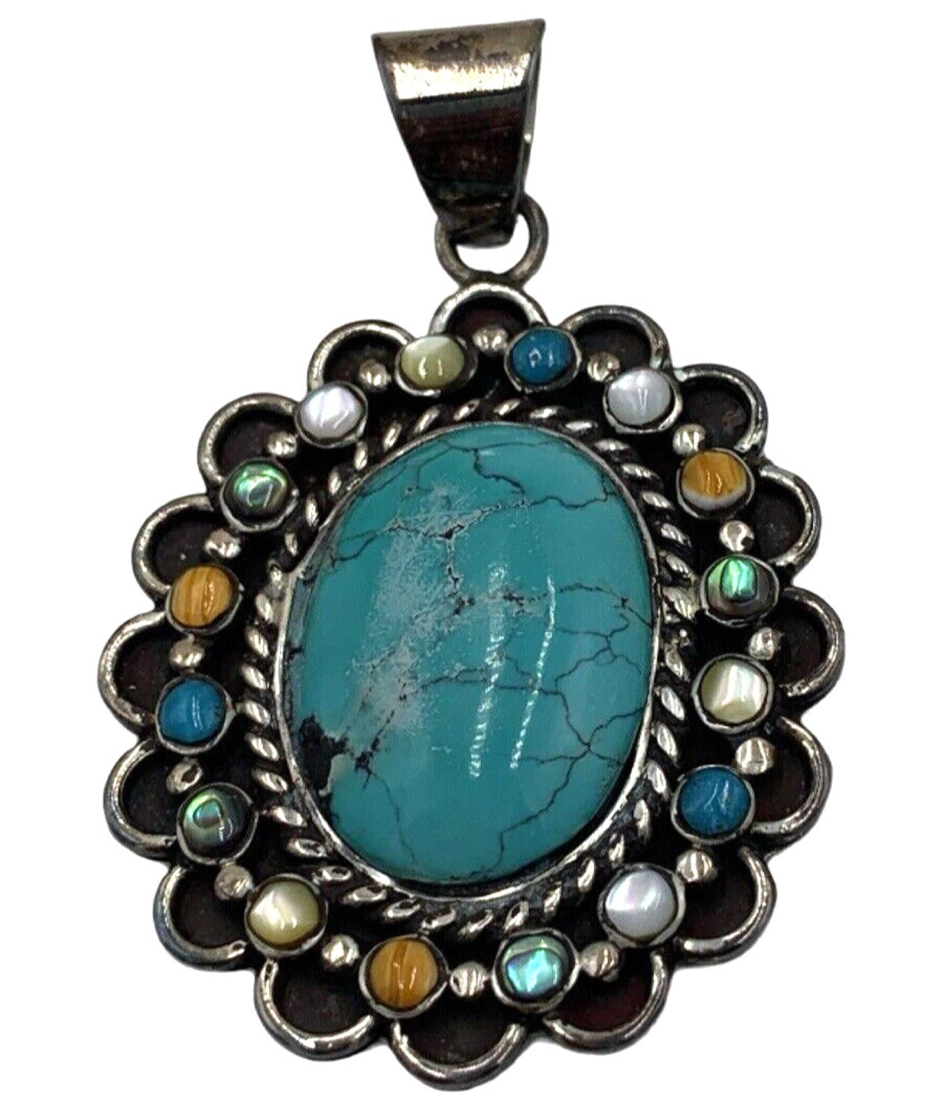 Vintage David R Freeland DRF Large Turquoise Pendant Multi stone Signed Rare