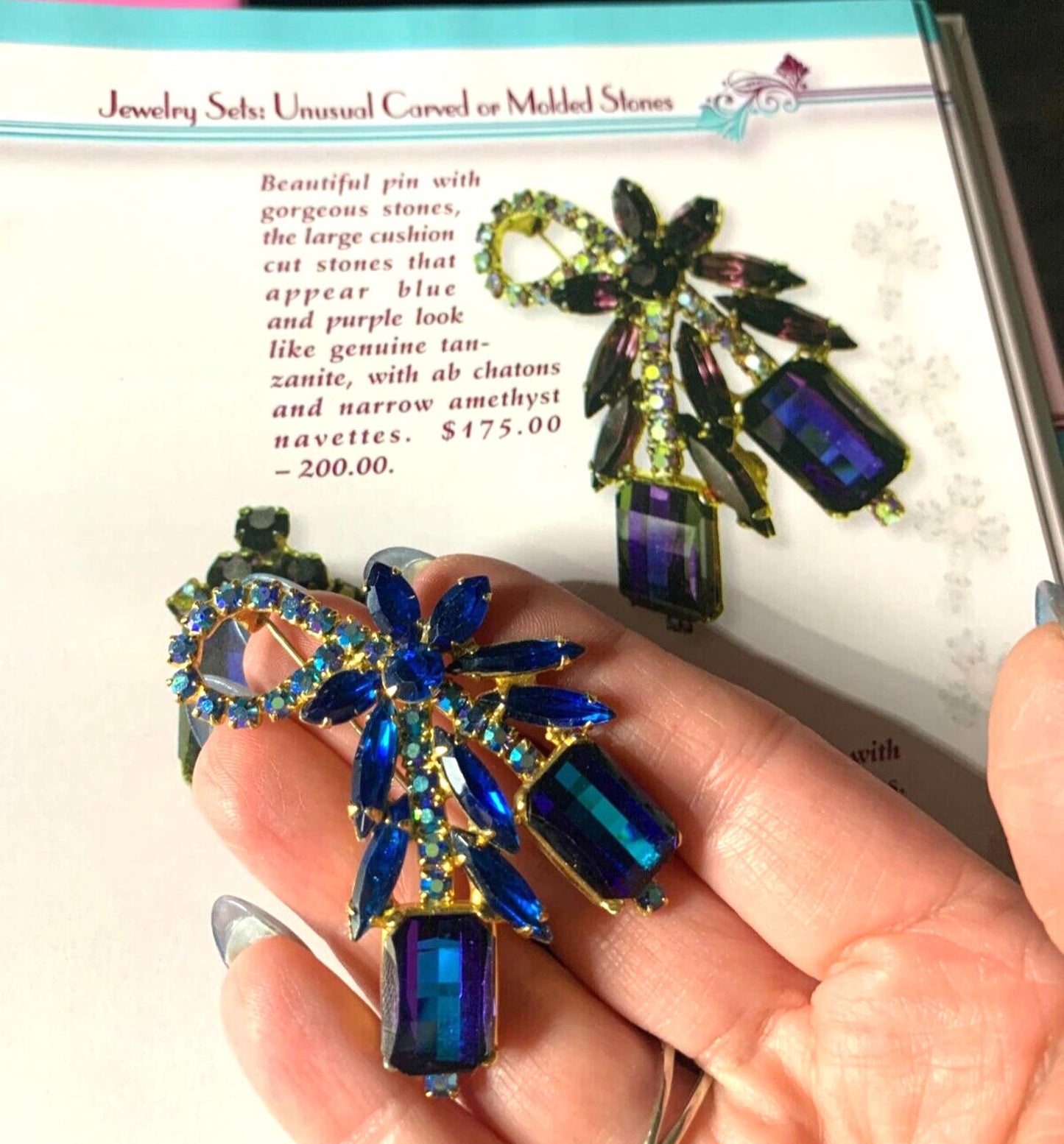 Verified Juliana Book Piece Faceted Blue Rhinestone Gold Tone Brooch Rare