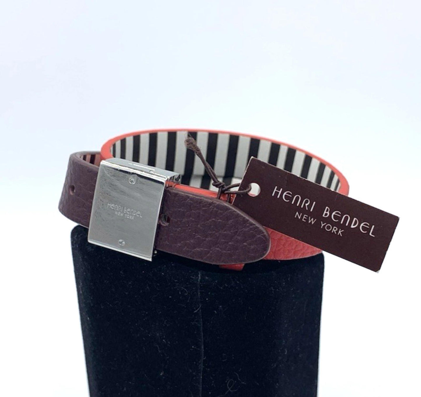 Henri Bendel Two Tone Red Brown Leather Wrap Bracelet Silver Tone Clasp