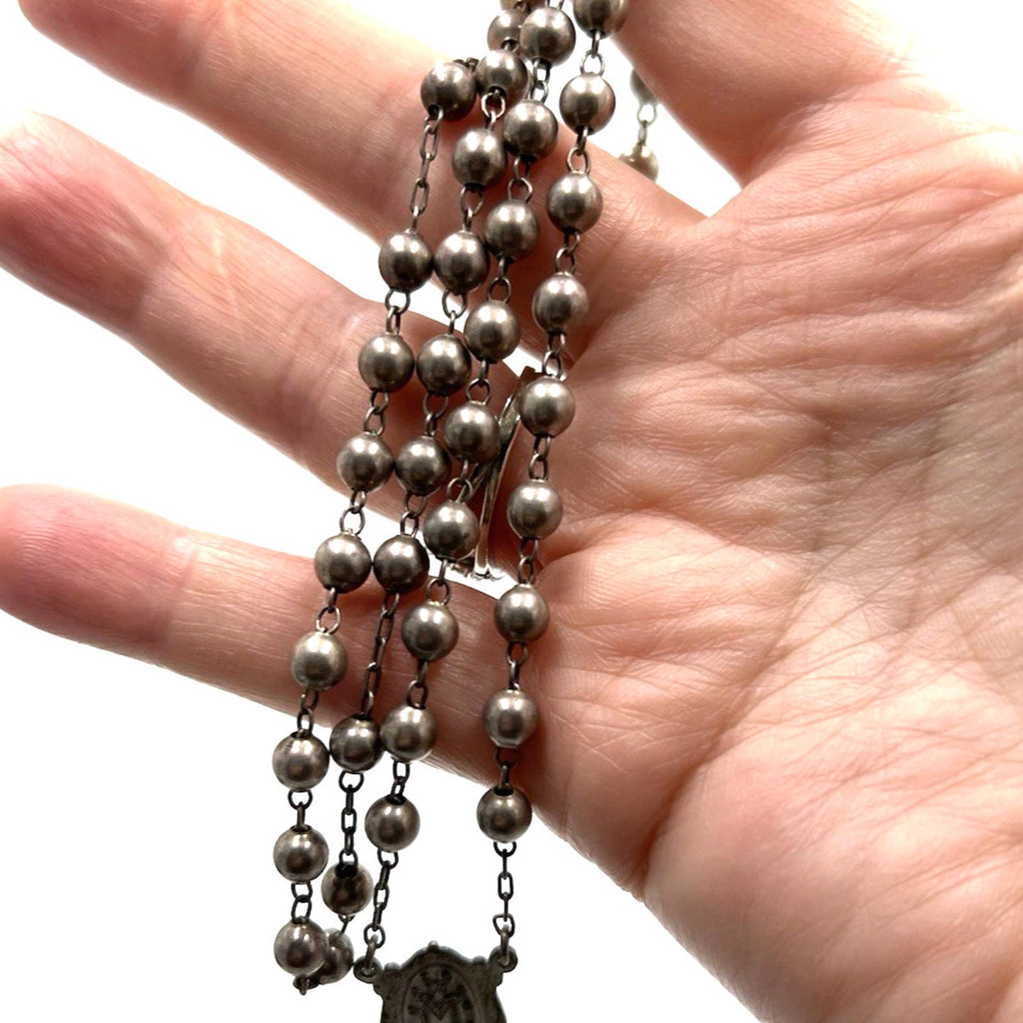 VINTAGE DIROMA Ball Bead Sterling Silver Rosary Crucifix Mary Medal Necklace
