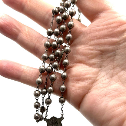 VINTAGE DIROMA Ball Bead Sterling Silver Rosary Crucifix Mary Medal Necklace