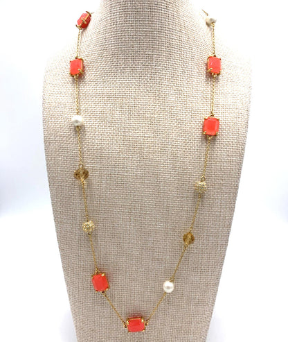 Kate Spade Bijoux Scatter Necklace Gold Tone Faceted Pink Rhinestone Faux Pearl