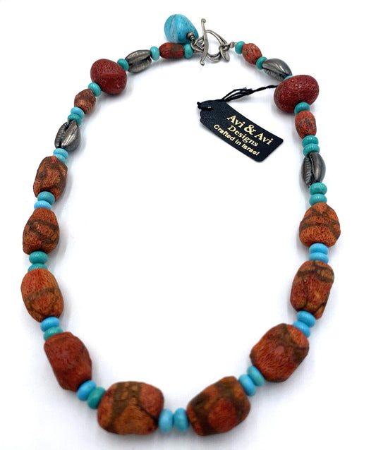 Avi Soffer Israel Sterling Silver Turquoise Spotted Sponge Coral Necklace w/Tags