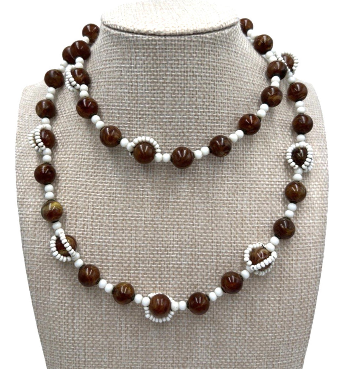 Vintage Miriam Haskell Bead Necklace Glass Brown And White Wrap Around BOX CLASP