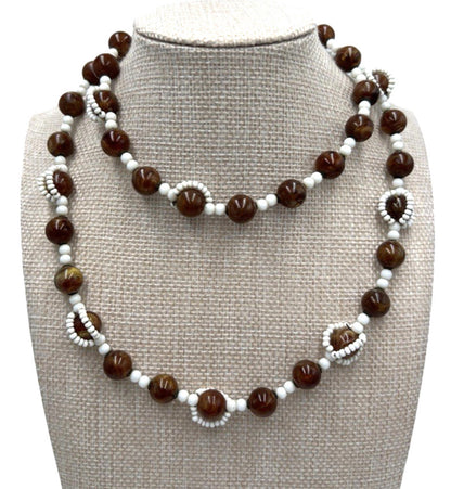Vintage Miriam Haskell Bead Necklace Glass Brown And White Wrap Around BOX CLASP